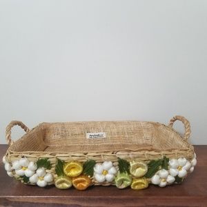 Basket | Wicker Boho Floral Embroidered w/ Handles